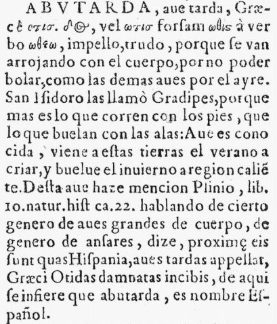 Extracto del Tesoro de la Lengua Castellana: definicin de abutarda